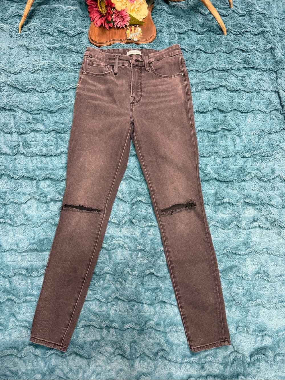 Good American Good Legs Womens 6/28 Black Distressed Knee Skinny Jeans